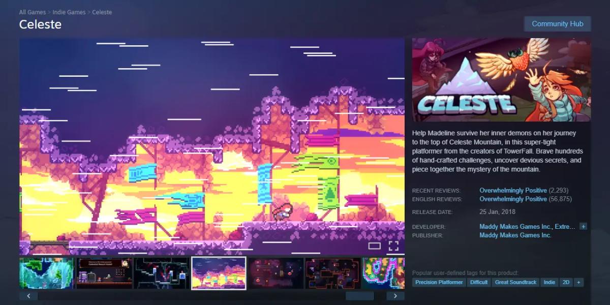 لقطة شاشة لصفحة متجر Steam للعبة Celeste، تعرض صوراً من أسلوب اللعب وتفاصيل المنتج.