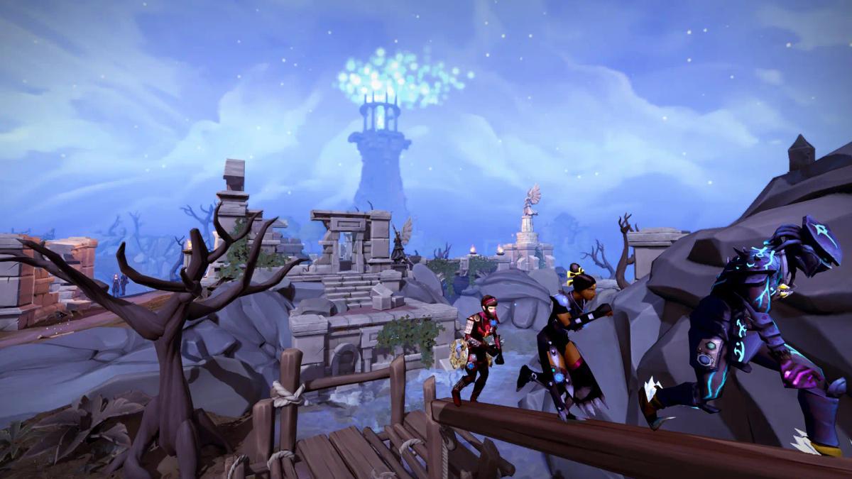 لقطة شاشة من أسلوب اللعب في RuneScape تظهر شخصيات تعبر جسراً خشبياً في بيئة خيالية.
