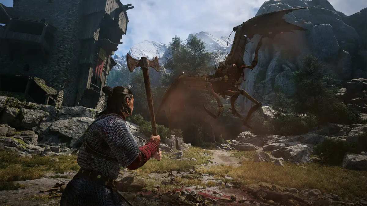 محارب يحمل فأساً كبيرة يواجه مخلوقاً مجنحاً في بيئة جبلية في لعبة The Blood of Dawnwalker