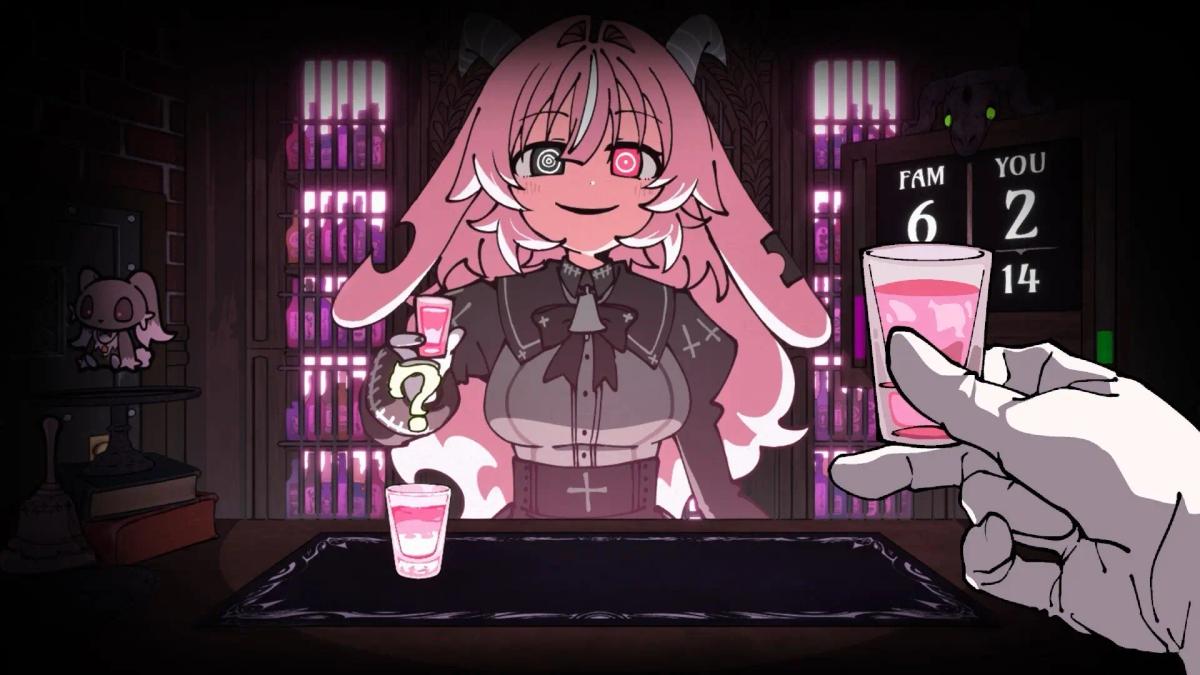 لقطة شاشة من أسلوب اللعب في Drunken Goddess Reflux تظهر شخصية أنمي بشعر وردي أثناء لعبة شرب.