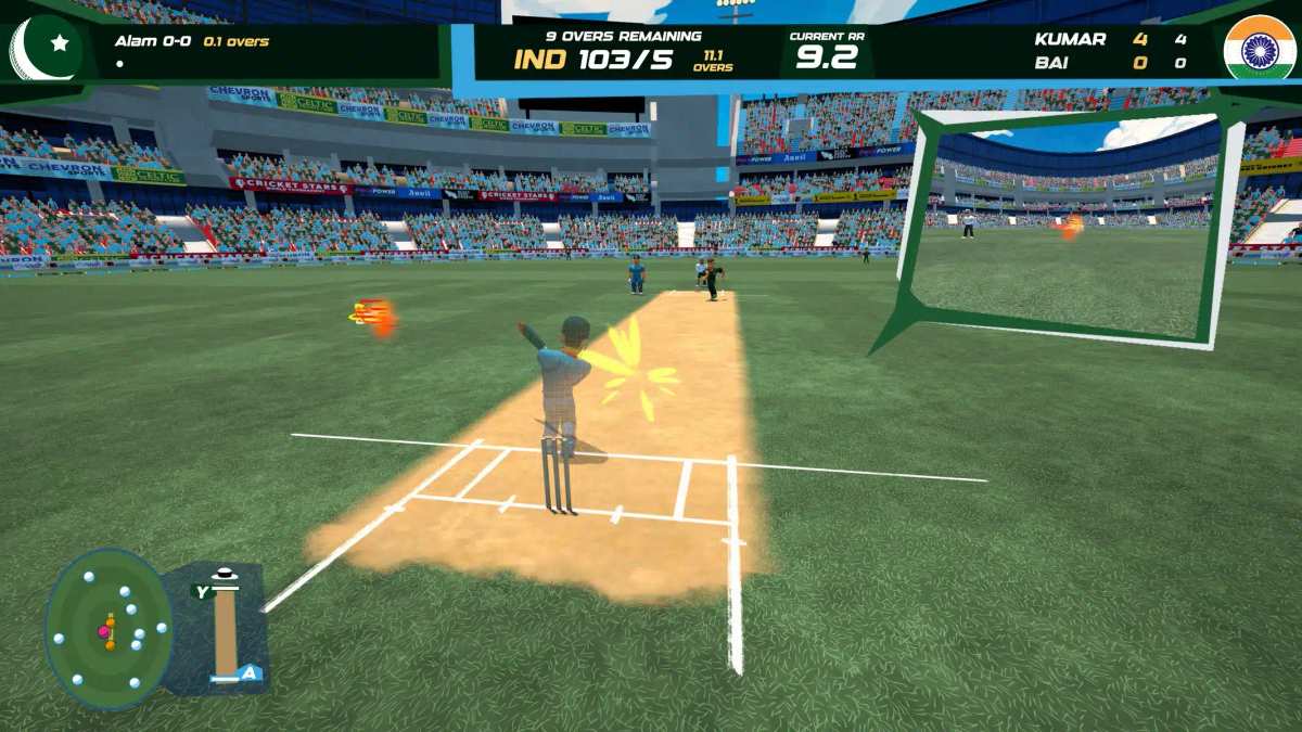 لقطة شاشة لأسلوب اللعب من Don Bradman Cricket Jr تُظهر مباراة كريكت بأسلوب فني مميز داخل ملعب.