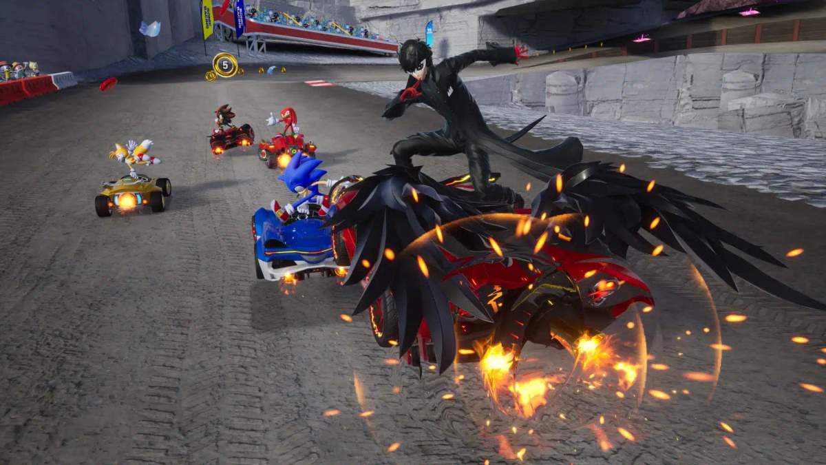لقطة من أسلوب اللعب في Sonic Racing: CrossWorlds تظهر Sonic وشخصيات أخرى من عوالم مختلفة يتسابقون بالسيارات.